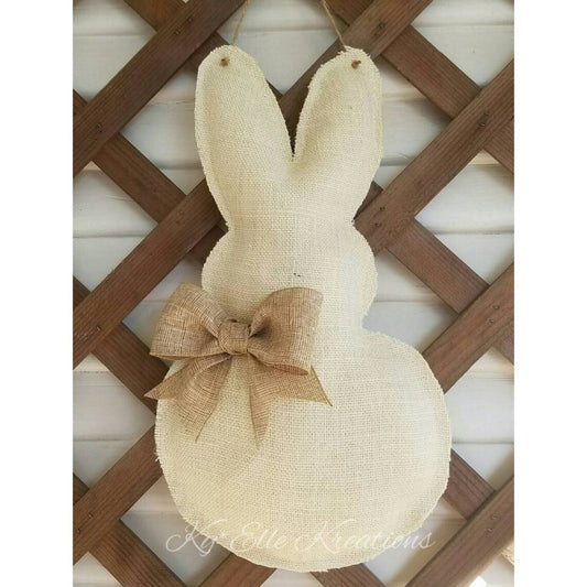 Cream Burlap Bunny Door Hanger with Tan bow.