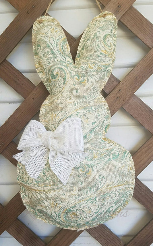 Floral print Burlap Bunny Door Hanger with white bow