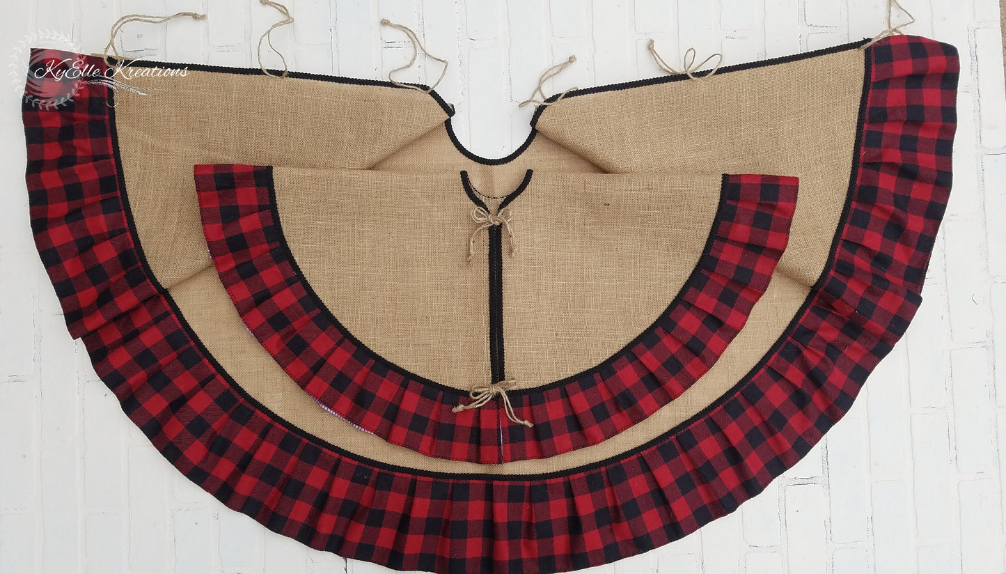 Our Red & Black Buffalo Plaid, Burlap Tree skirts in 58inch & 36inch variations to showcase a visual size difference.