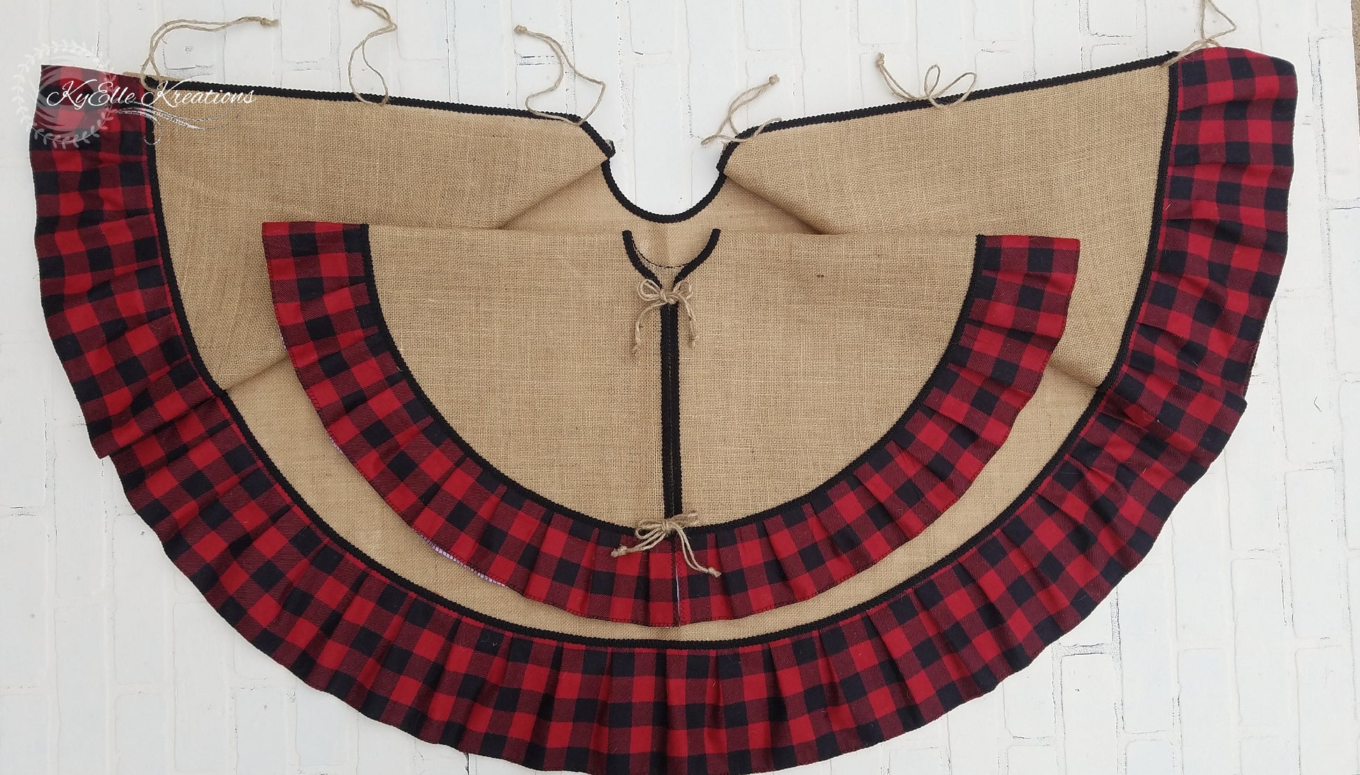 Our Red & Black Buffalo Plaid, Burlap Tree skirts in 58inch & 36inch variations to showcase a visual size difference.