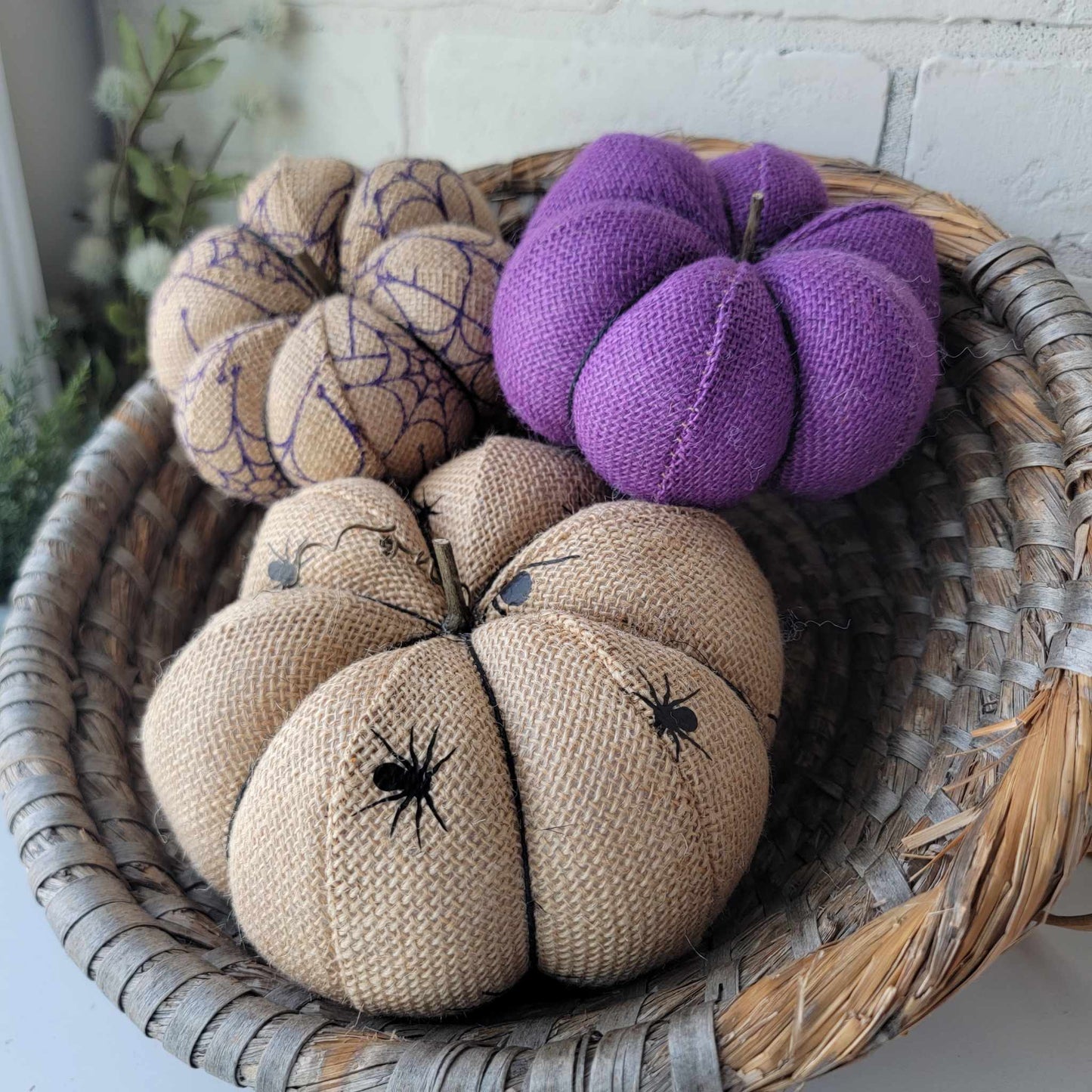 Burlap Spider Pumpkin Trio