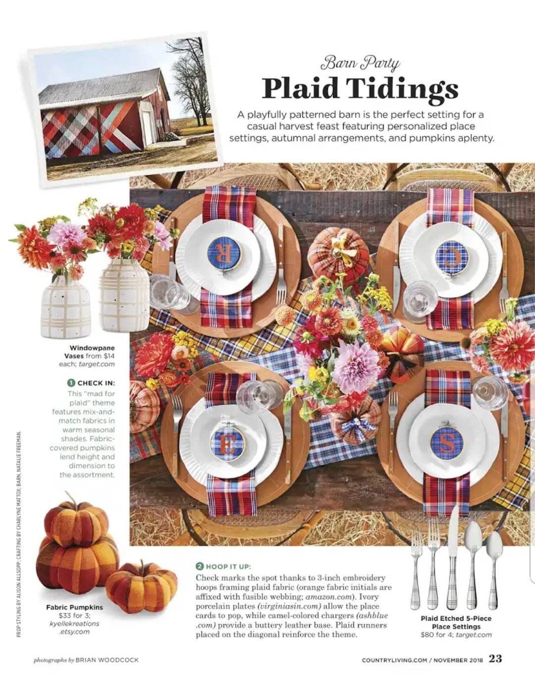 KyElle Kreations Pumpkin trio displayed in Country Living Magazine, Novemeber 2018 edition page 23. Accented on a Harvest tablescape with plateware and floral decor. 