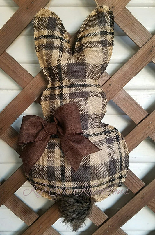 Chocolate Plaid Burlap Bunny Door Hanger with chocolate bow and bunny tail.
