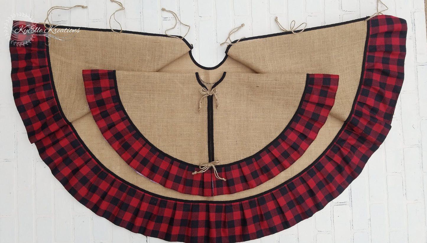 Our Red & Black Buffalo Plaid, Burlap Tree skirts in 58inch & 36inch variations to showcase a visual size difference. 