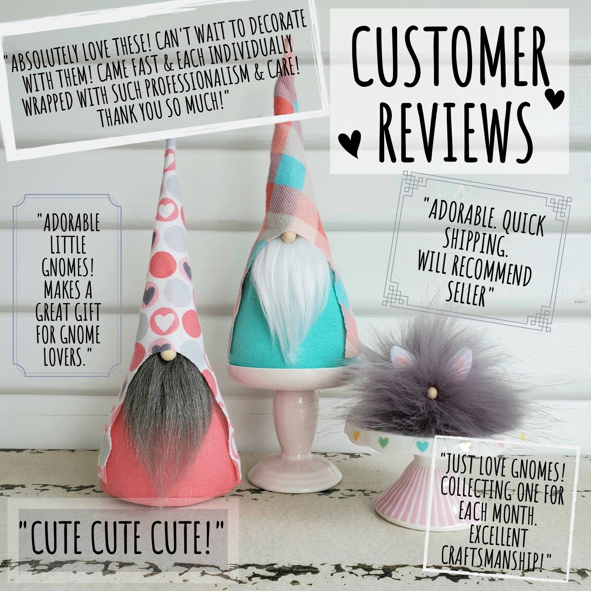 Customer reviews for handmade Gnomes, displayed around 2 Spring Gnomes in Aqua and Coral colors, as well as a gray Gnome pet. 