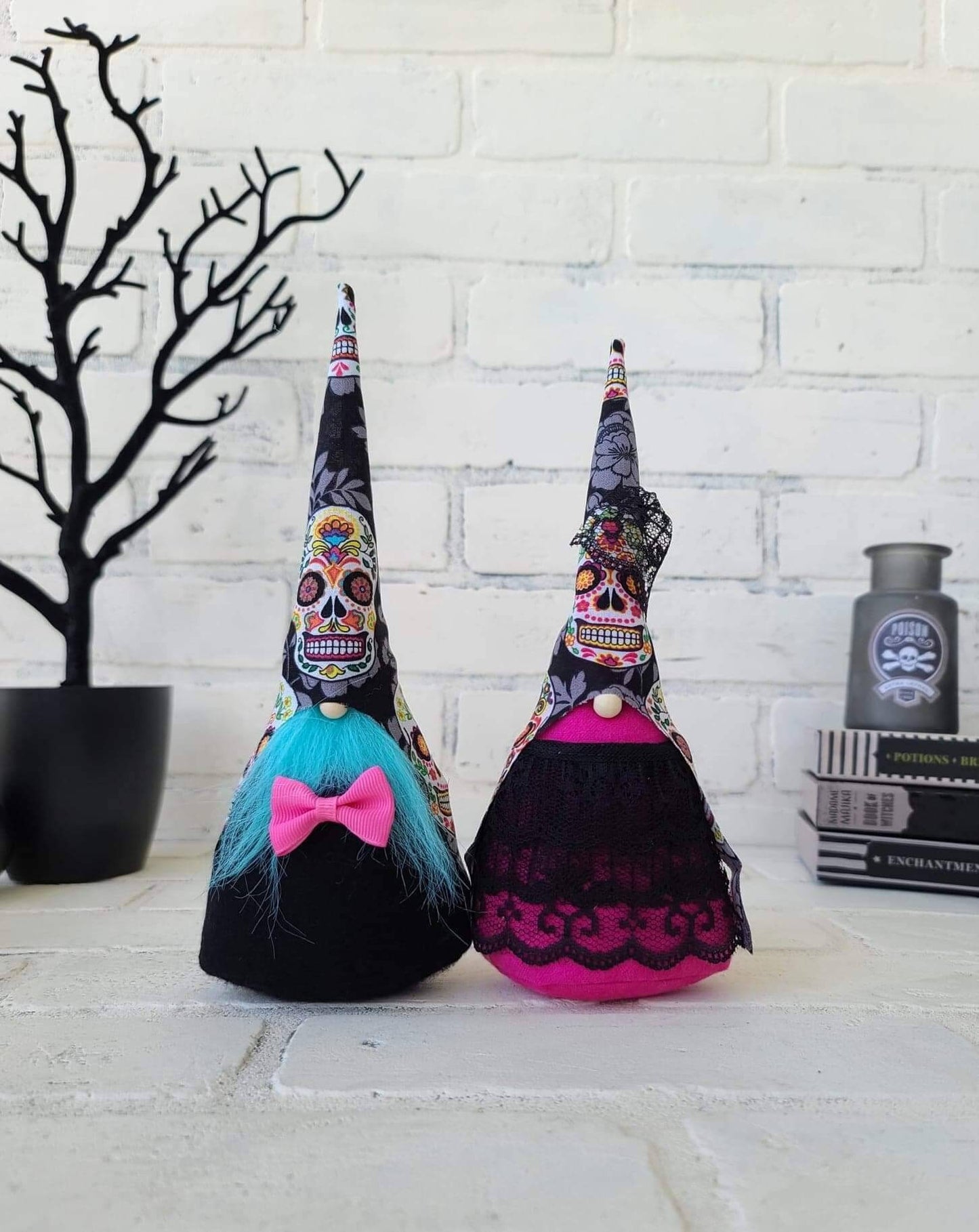 Sugar Skull Gnome set, Groom accented with teal beard and hot pink bow. While Bride adorns a hot pink body with black lace dress and veil.