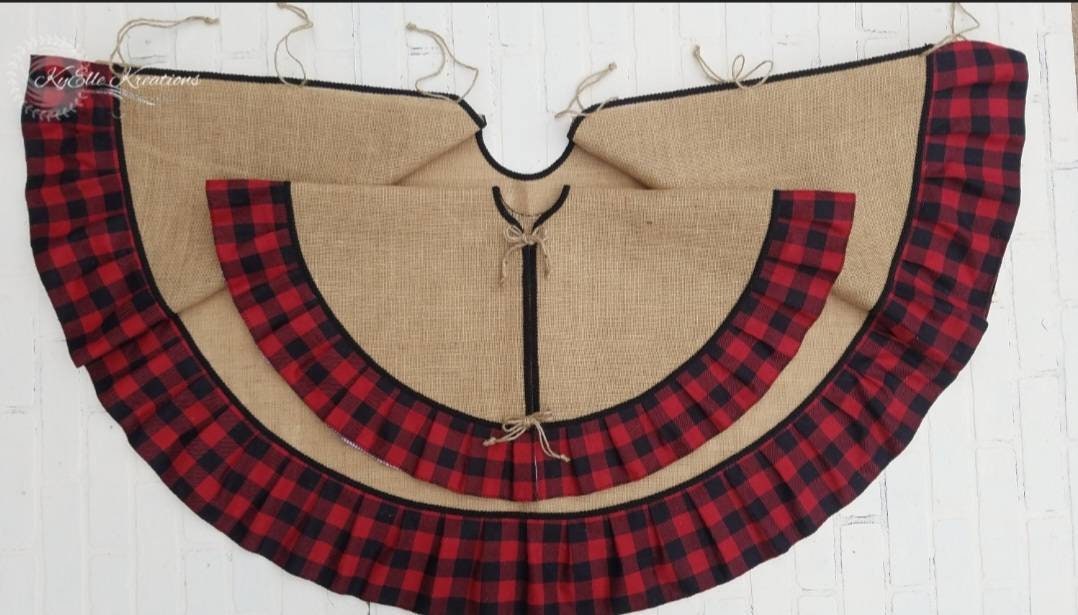 Our Red & Black Buffalo Plaid, Burlap Tree skirts in 58inch & 36inch variations to showcase a visual size difference.